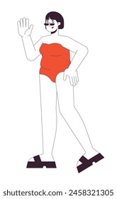 Happy curvy woman in swimsuit 2D linear cartoon character. Plus sized female ready for beach season isolated line vector person white background. Overweight color flat spot illustration