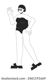 Happy curvy woman in swimsuit black and white 2D line cartoon character. Plus sized female ready for beach season isolated vector outline person. Overweight monochromatic flat spot illustration