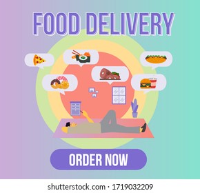Happy customer food delivery character receiving a ready meal at home using a smartphone app.Order transportation concept design for banner technology and lifestyle infographics.