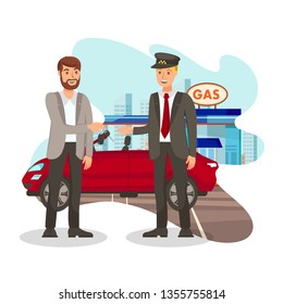 Happy Customer at Gas Station Flat Illustration. Valet Parking. Taxi Service. Young Man Gives Keys to Chauffeur Cartoon Characters. Automobile Maintenance. Vehicle Rent. Happy Driver and Passenger