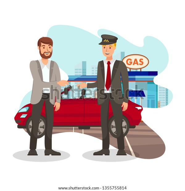 Happy Customer at Gas Station Flat\
Illustration. Valet Parking. Taxi Service. Young Man Gives Keys to\
Chauffeur Cartoon Characters. Automobile Maintenance. Vehicle Rent.\
Happy Driver and\
Passenger