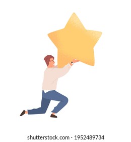 Happy customer giving golden star for good products and service. Concept of positive feedback and review. Client rating app or website in survey. Colored flat vector illustration isolated on white