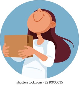 
Happy Customer Holding a Package She Ordered Vector Cartoon. Cheerful person receiving a cardboard parcel box after shopping online
