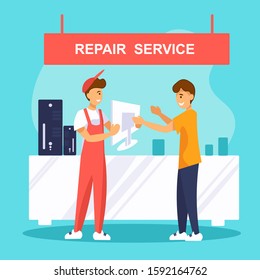 Happy customer picks up his computer from a electronics repair service. The repairman fixed the monitor and gives it to the client. Flat vector illustration.