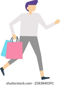 Happy customer running energetically while holding shopping bags filled with clothes and gifts, celebrating a successful shopping spree during sales or Black Friday