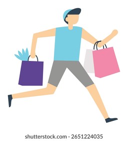 Feliz cliente correndo energicamente enquanto segura sacos de compras coloridos cheios de roupas e presentes, desfrutando da emoção da temporada de vendas no movimentado shopping