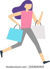 Happy customer running and holding shopping bags after a successful shopping spree, enjoying purchases and discounts, isolated on white background