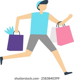 Happy customer running joyfully while holding colorful shopping bags after a successful shopping spree, celebrating purchases and discounts in a vibrant consumerism moment