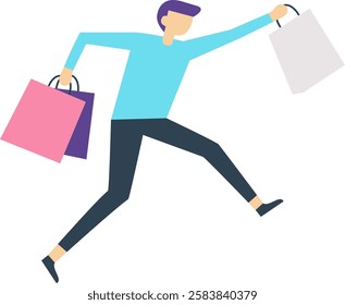 Happy customer running while holding shopping bags, reveling in the joy of retail therapy, enjoying purchases, sales, and discounts in a vibrant consumerism experience