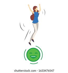 Happy customer semi flat RGB color vector illustration. Positive emoticon. Feedback. Cheerful girl. Content person. Quality evaluation. Happiness, satisfaction. Isolated cartoon character on white
