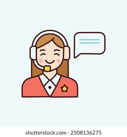 Happy customer service representative with headset and speech bubble. Illustration of a smiling woman wearing a headset and a red shirt, communicating with a speech bubble.