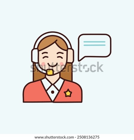 Happy customer service representative with headset and speech bubble. Illustration of a smiling woman wearing a headset and a red shirt, communicating with a speech bubble.