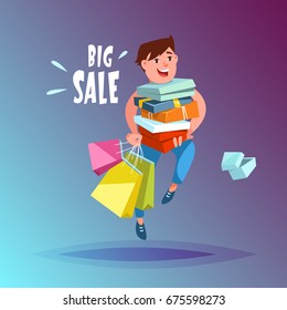 Happy customer with shopping bags and boxes of goods in the hands. Joyful man with a large sale purchases cartoon style. Big sale concept