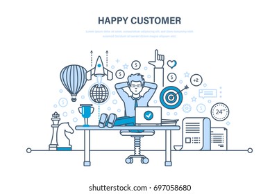 Happy customer. Successful cooperation, positive emotions, achievement of purpose, qualitative result. Illustration thin line design of vector doodles, infographics elements.