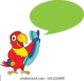 happy customer support colorful funny smart parrot with phone and speech bubble
