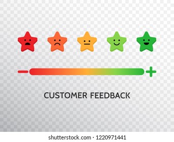 Happy customer symbol. Feedback design with emotions scale background. Rating satisfaction concept. Set of feedback icons in star form of emotions for mobile app and web. Vector illustration.