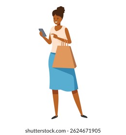 Cliente feliz que usa el teléfono móvil y que lleva el bolso de compras después de comprar mercancías