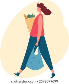 Happy customer is walking home after shopping for groceries at the local market, carrying fresh vegetables and bread in a paper bag and a reusable shopping bag