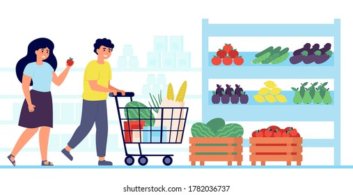 Happy customers buying food in grocery store isolated flat vector illustration. Cartoon shoppers putting fruits and vegetables in cart. Market, shopping and consumerism concept