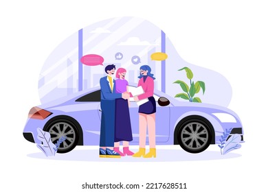 Happy customers couple handshaking with a manager in an auto salon