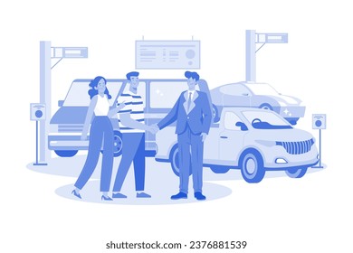 Happy customers couple handshaking with a manager in an auto salon