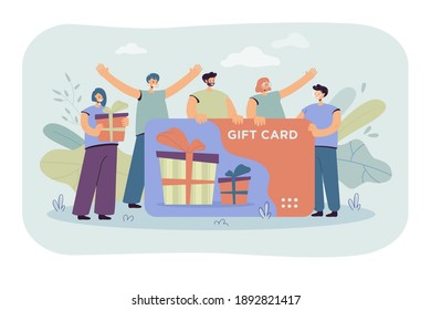 Happy customers getting gift card from store or shop. Consumers with voucher celebrating sale season. Vector illustration for shopping, present, bonus program, retail concept