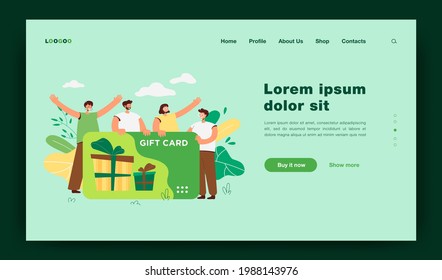 Happy customers getting gift card from store or shop. Consumers with voucher celebrating sale season. Vector illustration for shopping, present, bonus program, retail concept
