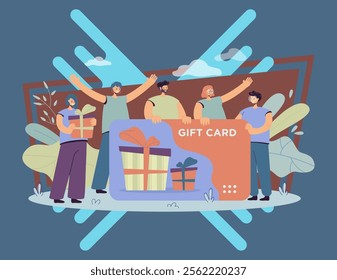 Happy customers getting gift card from store or shop. Consumers with voucher celebrating sale season. Vector illustration for shopping, present, bonus program, retail concept
