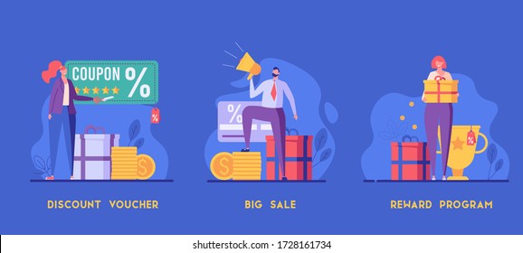 Happy customers with gift box. Reward program with gifts. Concept of shopping, loyalty program, big sale, discount. Vector illustration for UI, web banner, mobile app