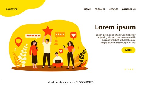 Happy customers giving feedback to service or online store. People with gadgets voting with rating stars. Vector illustration for client positive review, assessment, evaluation concept