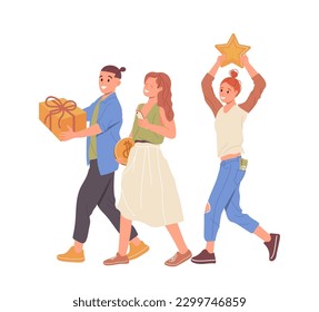 Happy customers group walking with gifts, money and reward bonuses using special offer for clients