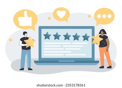 Happy customers leaving online review vector illustration. Users holding gold rating stars, giving feedback on website on laptop screen. Online reviews and ratings, client satisfaction concept