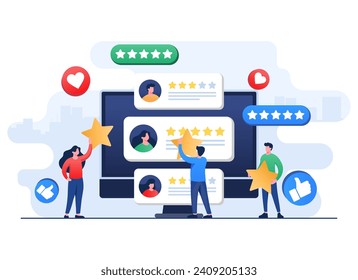 Happy customers leaving positive feedbacks to product, service, app, website, Ratings and review concept flat vector illustration, Satisfaction level, User experience, recommendations, Survey