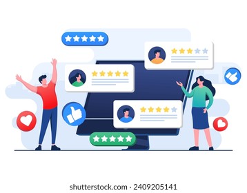 Happy customers leaving positive feedbacks to product, service, app, website, Ratings and review concept flat vector illustration, Satisfaction level, User experience, recommendations, Survey