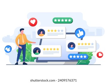 Happy customers leaving positive feedbacks to product, service, app, website, Ratings and review concept flat vector illustration, Satisfaction level, User experience, recommendations, Survey