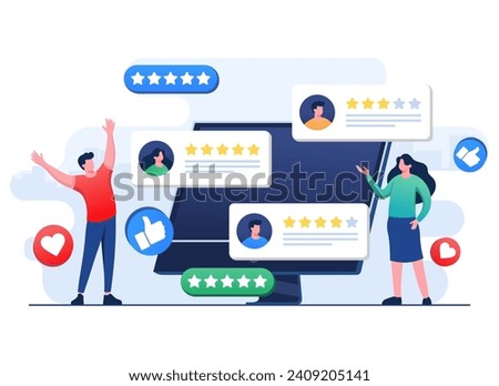 Happy customers leaving positive feedbacks to product, service, app, website, Ratings and review concept flat vector illustration, Satisfaction level, User experience, recommendations, Survey
