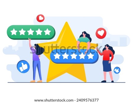 Happy customers leaving positive feedbacks to product, service, app, website, Ratings and review concept flat vector illustration, Satisfaction level, User experience, recommendations, Survey