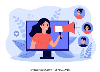 Happy customers participating in referral program in internet flat vector illustration. Cartoon new market strategy of client digital interaction. Social media, business and management concept