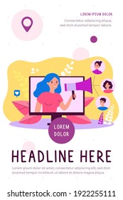 Happy customers participating in referral program in internet flat vector illustration. Cartoon new market strategy of client digital interaction. Social media, business and management concept