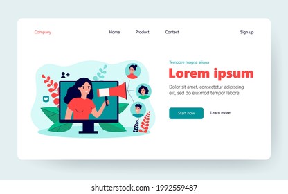 Herzlichen Glückwunsch an Kunden, die an Empfehlungsprogramm im Internet Flavectorgrafik teilnehmen. Cartoon neue Marktstrategie der digitalen Interaktion der Kunden. Konzept der sozialen Medien, der Wirtschaft und des Managements