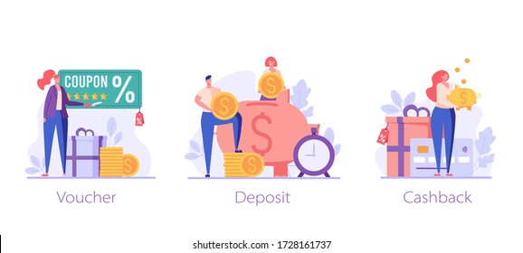 Happy customers with piggy bank. Reward program with gifts. Concept of shopping, loyalty program, deposit, discount. Vector illustration for UI, web banner, mobile app