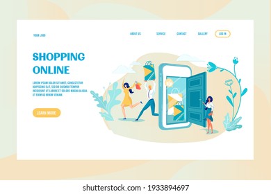 Happy Customers. Young Lady Opening Door In Smartphone, Leading To Popular Resource. Exulted Woman And Man Rushing Out Online Shop, Holding Paper Bags With Purchases. Landing Page With Copy Space.