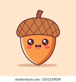 Happy Cute Acorn Kawaii Character Vector Illustration. Happy Autumn. Autumn Icon Illustration. Flat Cartoon Style