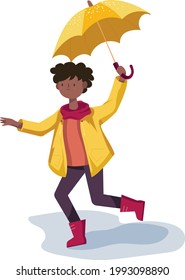 Happy cute African American boy with umbrella in yellow raincoat and rubber boots walks through the puddles. Cute carton positive character. Vector illustration