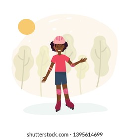 Happy cute african american roller girl skate on rollers in park in helmet and protection in sunny day. Kids and teenagers outdoor activity concept.