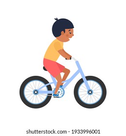 Happy cute African boy riding bike. Healthy lifestyle concept. Little child with black skin rides bicycle. Vector isolated on white