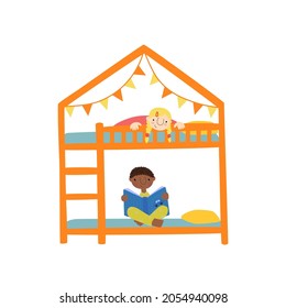 Happy cute african kids in pajamas are holding open books and reading before bed. The girl and the boy are sitting on a bunk bed. Vector illustration in a flat style. Isolated over white background. 