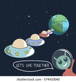 Happy cute alien offers us live together.Group of UFO flying to Earth.Cartoon childish vector illustration