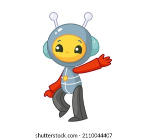 Happy cute alien in space suit waving and smiling. Vector illustration in cartoon childish style. Isolated funny clipart on white background. Cosmonafta print.