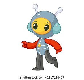 Happy cute alien in a space suit. Vector illustration of an astronaut in a cartoon childish style. Isolated funny clipart on white background. Space themed print.